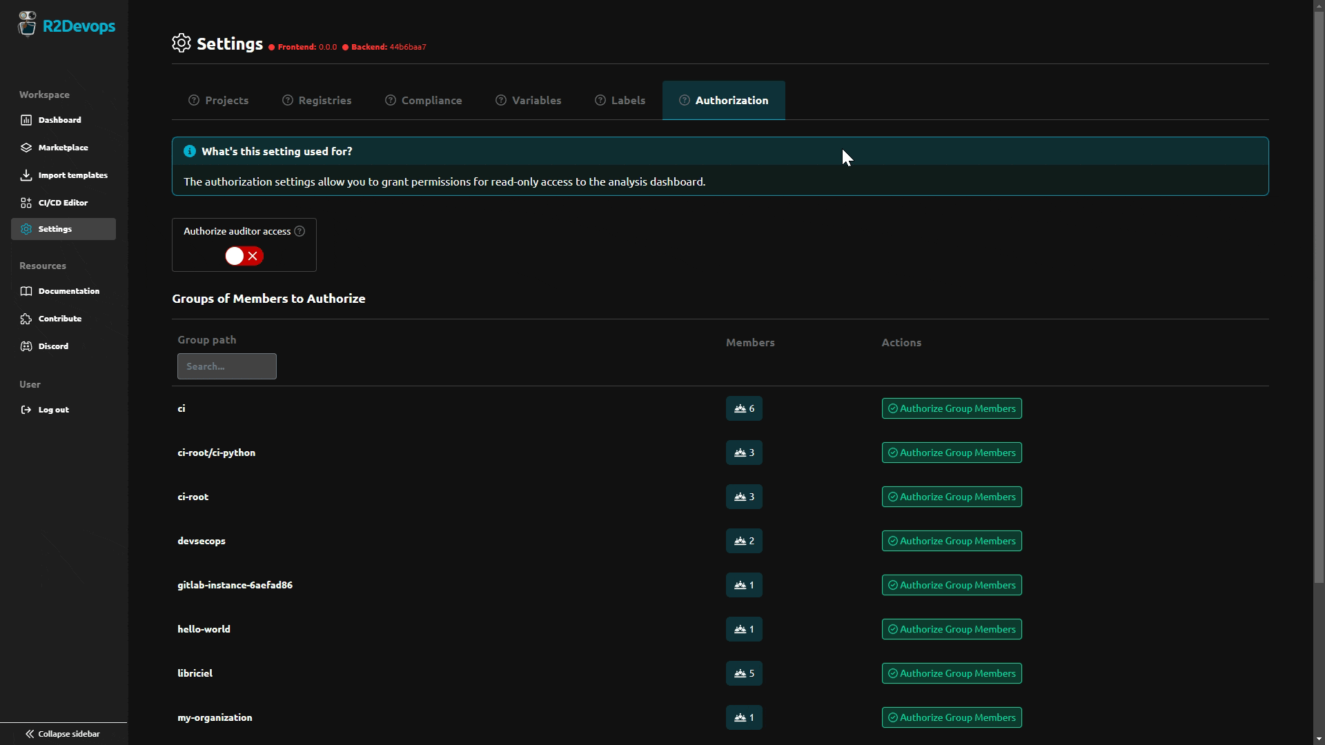 User experience demonstration of the Authorization Settings page