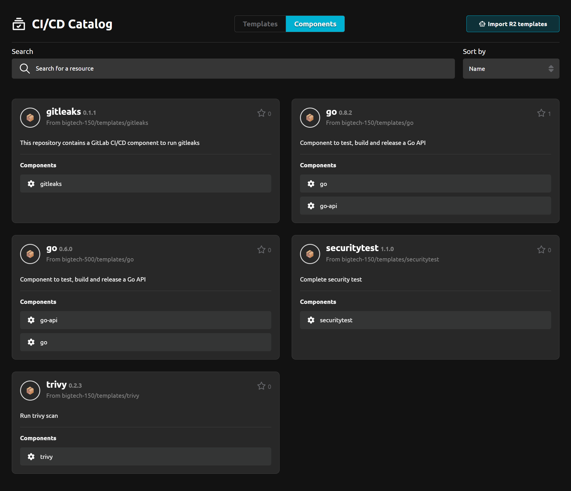 Screenshot of &quot;Components Catalog&quot; on R2Devops