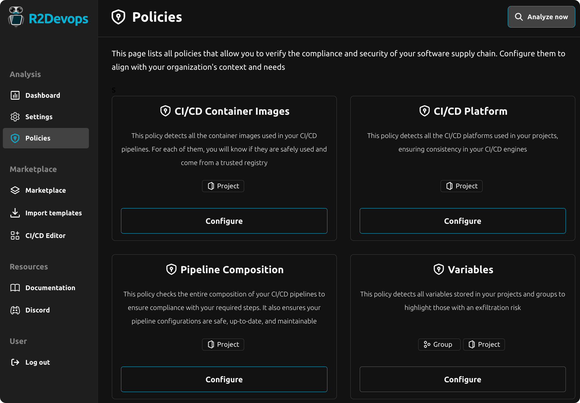 Screenshot of the &quot;Policies&quot; page on R2Devops