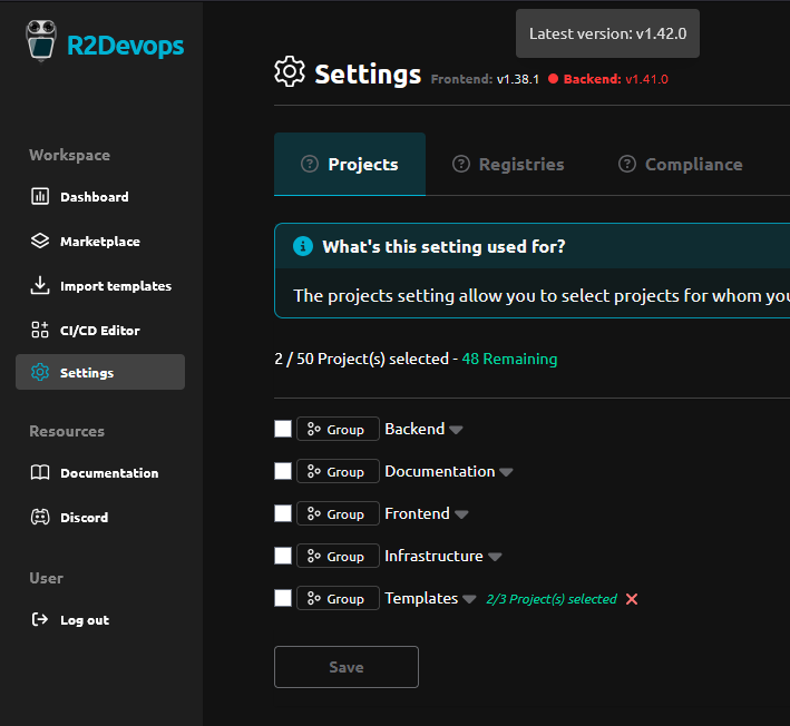 R2Devops Settings page