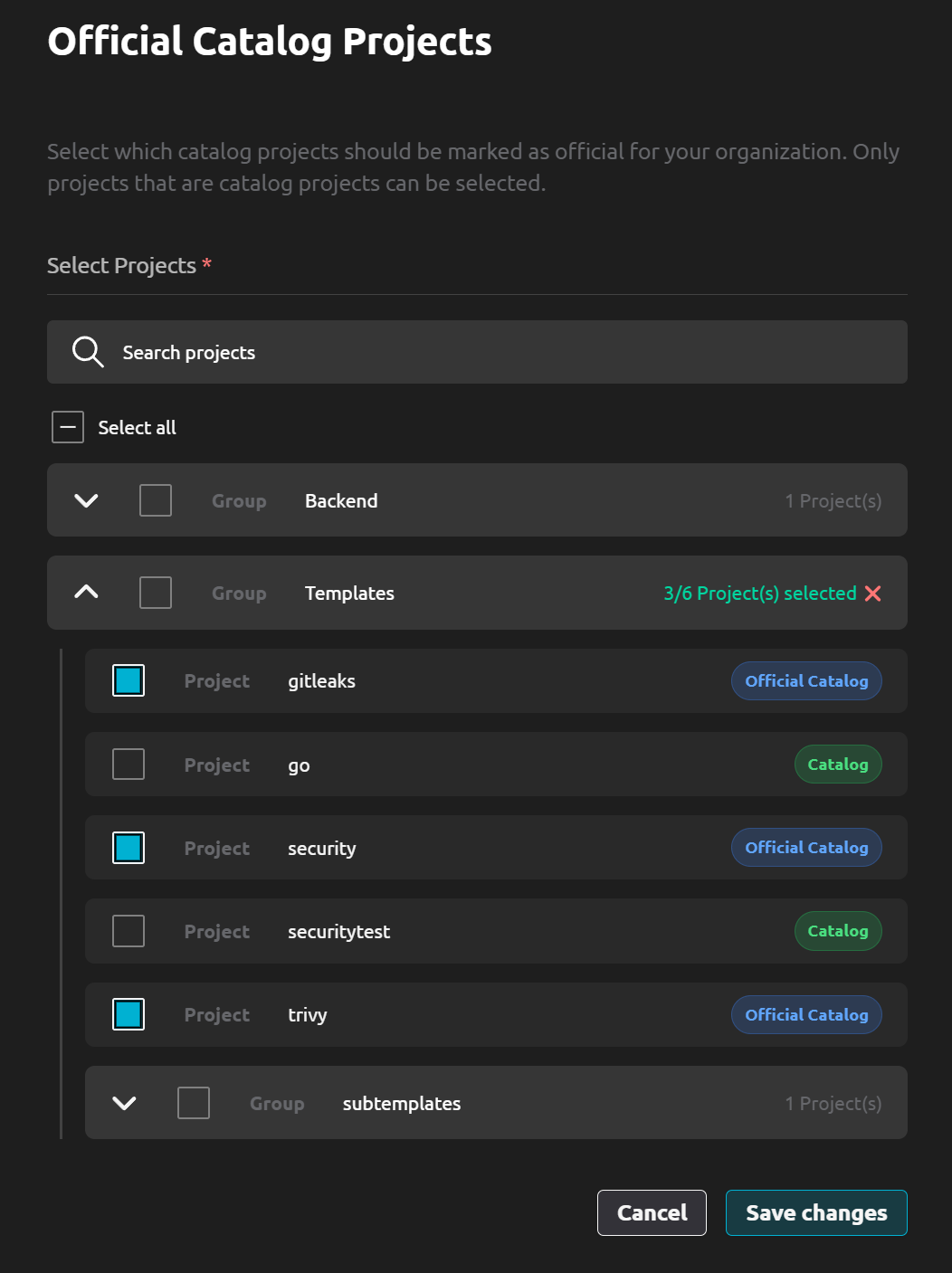 Screenshot of &quot;Catalog Projects&quot; on R2Devops