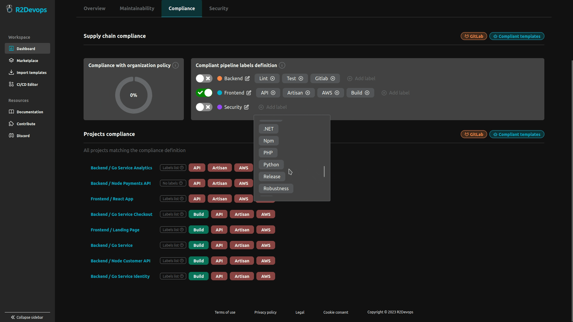 Gif of compliance section of the Analysis Dashboard