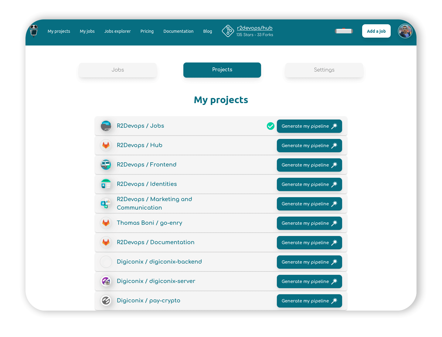 Pipeline Generator in the project dashboard